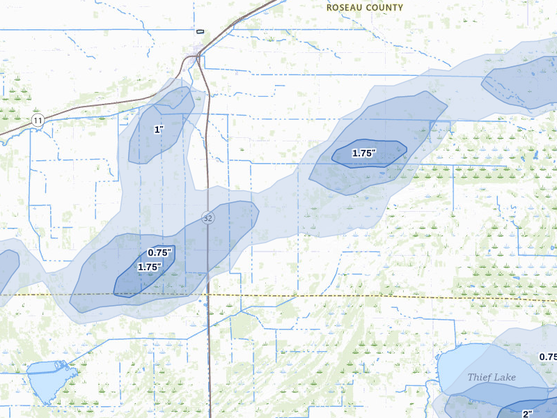NEXRAD radar-signature map of the hail storm over Strathcona, MN on Aug 2, 2026