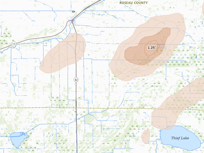 Radar-estimated hail-size map of the storm over Strathcona, MN on Aug 3, 2026