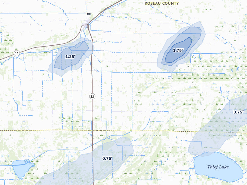 NEXRAD radar-signature map of the hail storm over Strathcona, MN on Aug 3, 2026