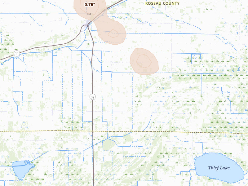 Radar-estimated hail-size map of the storm over Strathcona, MN on Aug 21, 2026