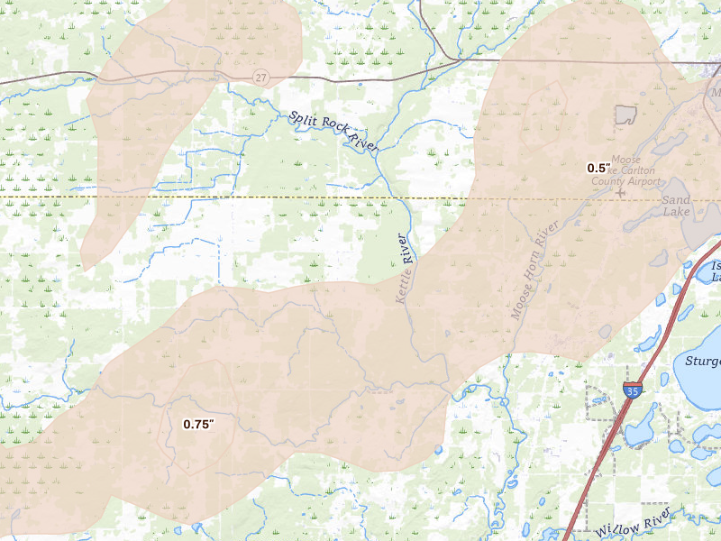 Radar-estimated hail-size map of the storm over Sturgeon Lake, MN on Jun 10, 2026