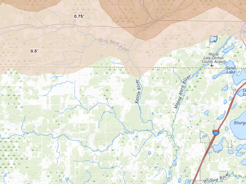 Radar-estimated hail-size map of the storm over Sturgeon Lake, MN on Jun 29, 2026