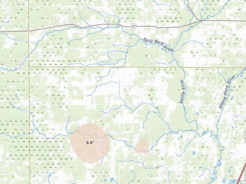 Radar-estimated hail-size map of the storm over Sturgeon Lake, MN on Aug 25, 2026