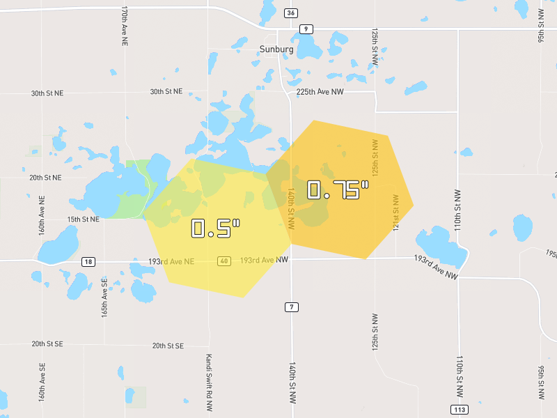 Hail map of Sunburg, MN on Jun 4, 2026, hail up to 0.75"