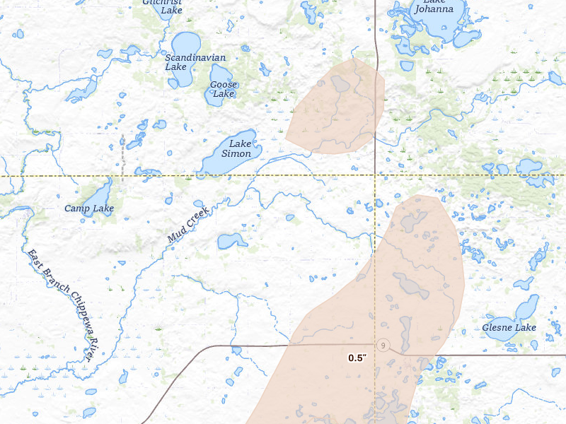Radar-estimated hail-size map of the storm over Sunburg, MN on Jun 9, 2026