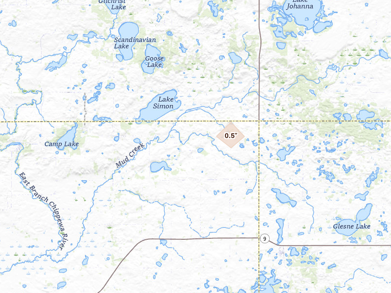 Radar-estimated hail-size map of the storm over Sunburg, MN on Jul 19, 2026
