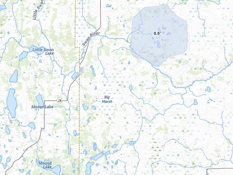 NEXRAD radar-signature map of the hail storm over Swanville, MN on May 11, 2026