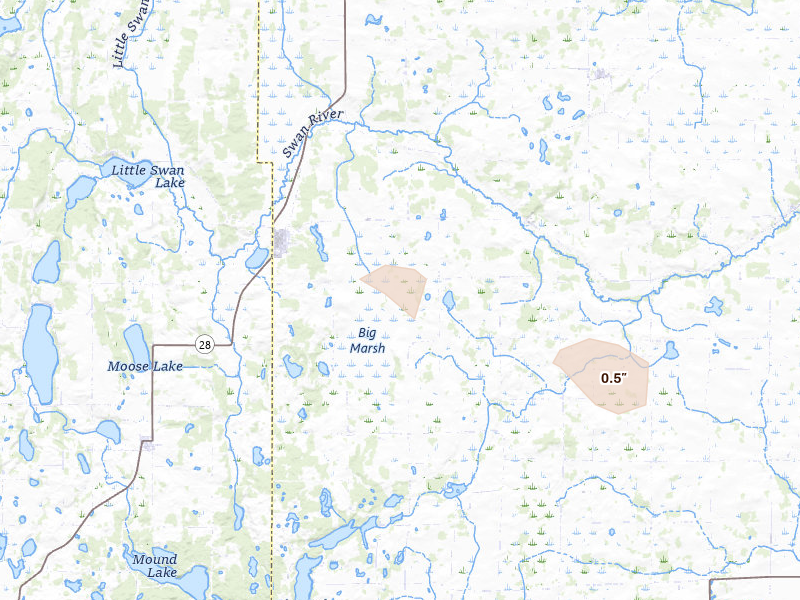 Radar-estimated hail-size map of the storm over Swanville, MN on Jun 19, 2026
