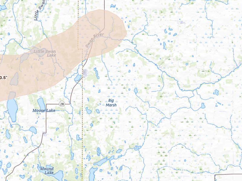 Radar-estimated hail-size map of the storm over Swanville, MN on Jul 4, 2026