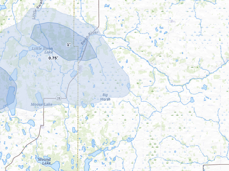NEXRAD radar-signature map of the hail over Swanville, MN