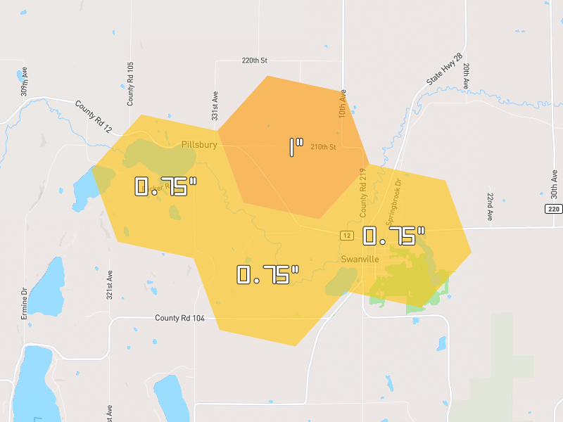 Hail map of Swanville, MN on Jul 4, 2026, hail up to 1"