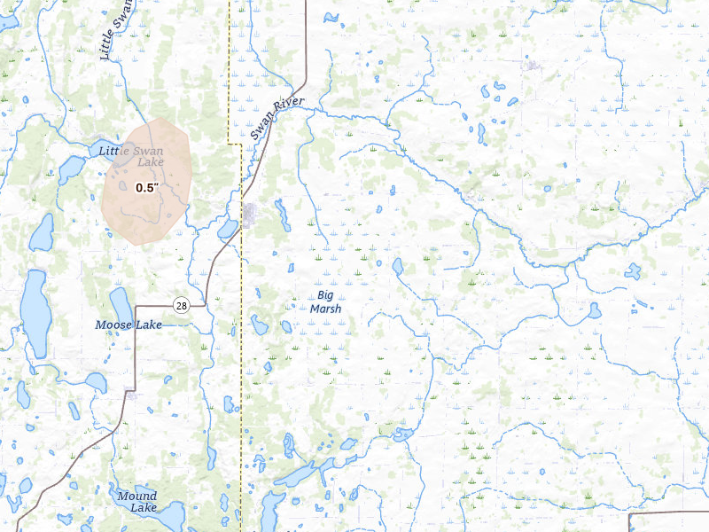 Radar-estimated hail-size map of the storm over Swanville, MN on Jul 7, 2026