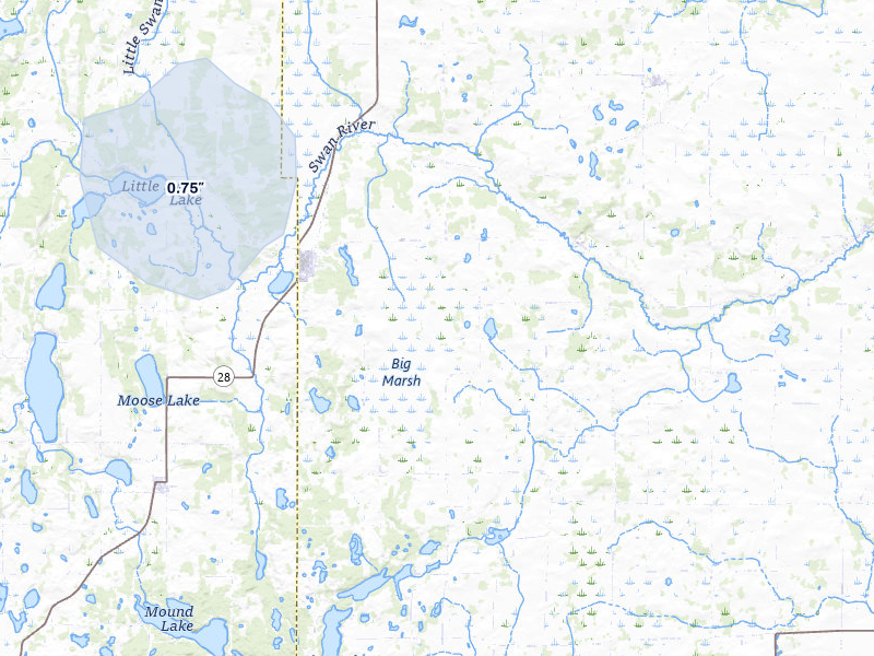 NEXRAD radar-signature map of the hail storm over Swanville, MN on Jul 7, 2026