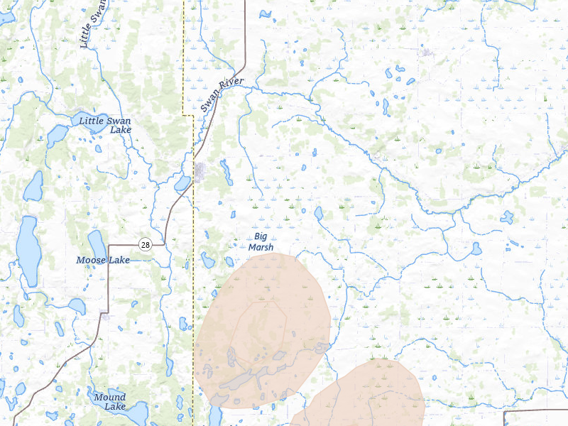 Radar-estimated hail-size map of the storm over Swanville, MN on Aug 17, 2026