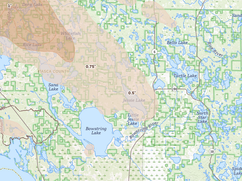 Radar-estimated hail-size map of the storm over Talmoon, MN on Jul 24, 2026