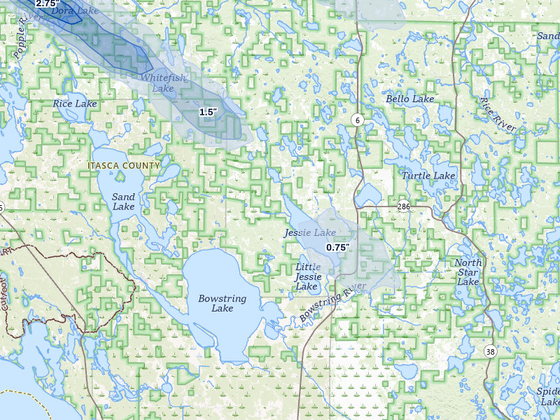 NEXRAD radar-signature map of the hail storm over Talmoon, MN on Jul 24, 2026