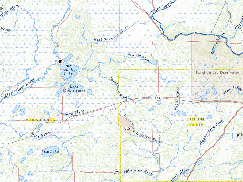 Radar-estimated hail-size map of the storm over Tamarack, MN on Jun 9, 2026