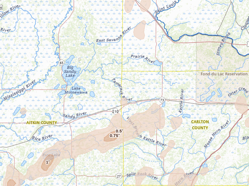 Radar-estimated hail-size map of the storm over Tamarack, MN on Jun 10, 2026