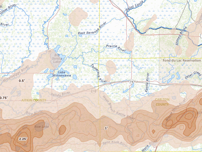 Radar-estimated hail-size map of the storm over Tamarack, MN on Jun 29, 2026