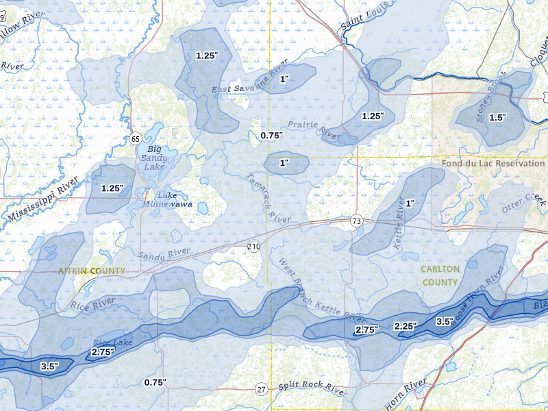 NEXRAD radar-signature map of the hail storm over Tamarack, MN on Jun 29, 2026