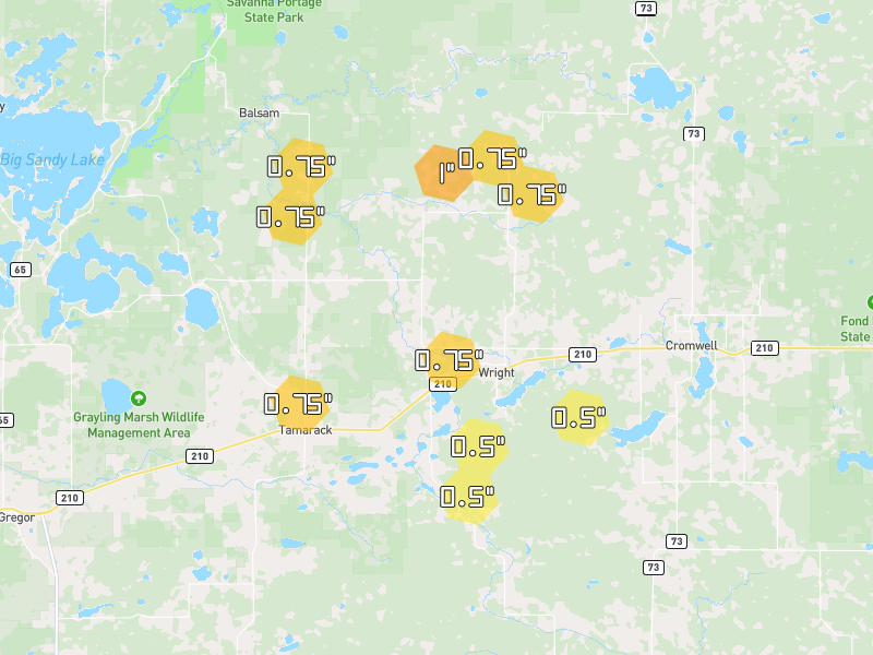 Hail map of Tamarack, MN on Jun 30, 2026, hail up to 1"