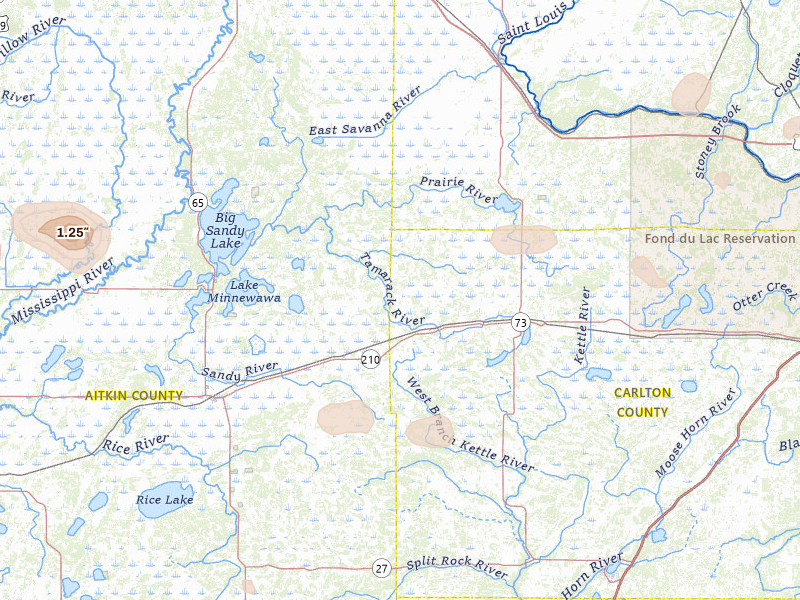 Radar-estimated hail-size map of the storm over Tamarack, MN on Jul 3, 2026
