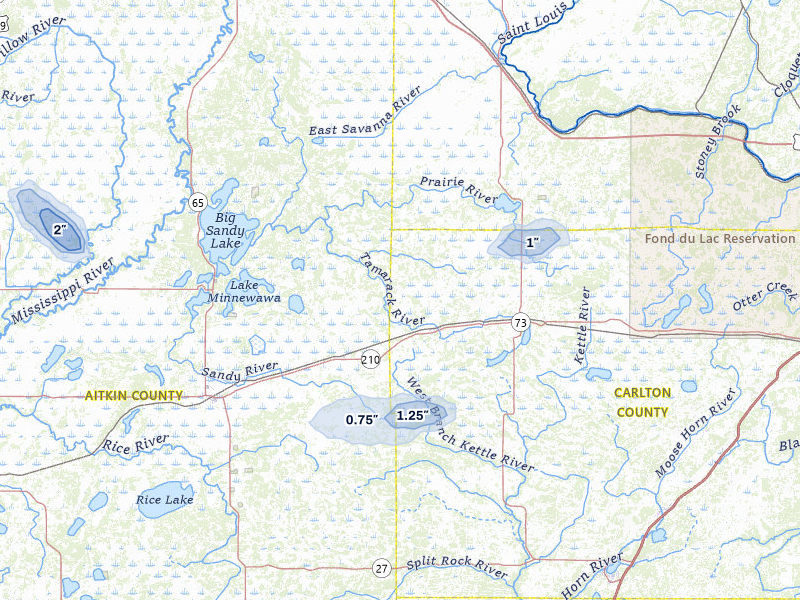 NEXRAD radar-signature map of the hail storm over Tamarack, MN on Jul 3, 2026