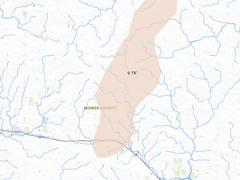 Radar-estimated hail-size map of the storm over Taopi, MN on May 17, 2026