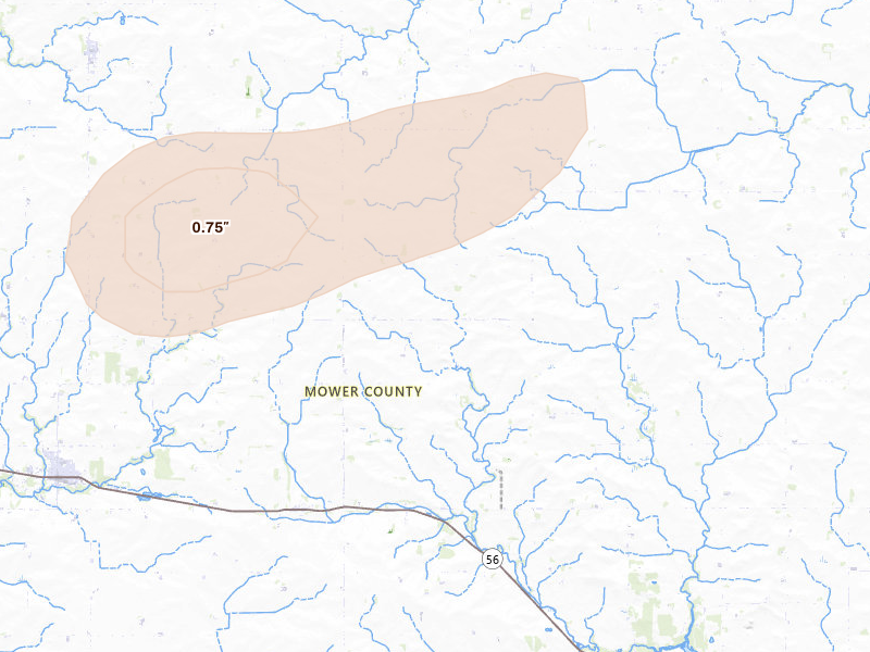 Radar-estimated hail-size map of the storm over Taopi, MN on Sep 1, 2026