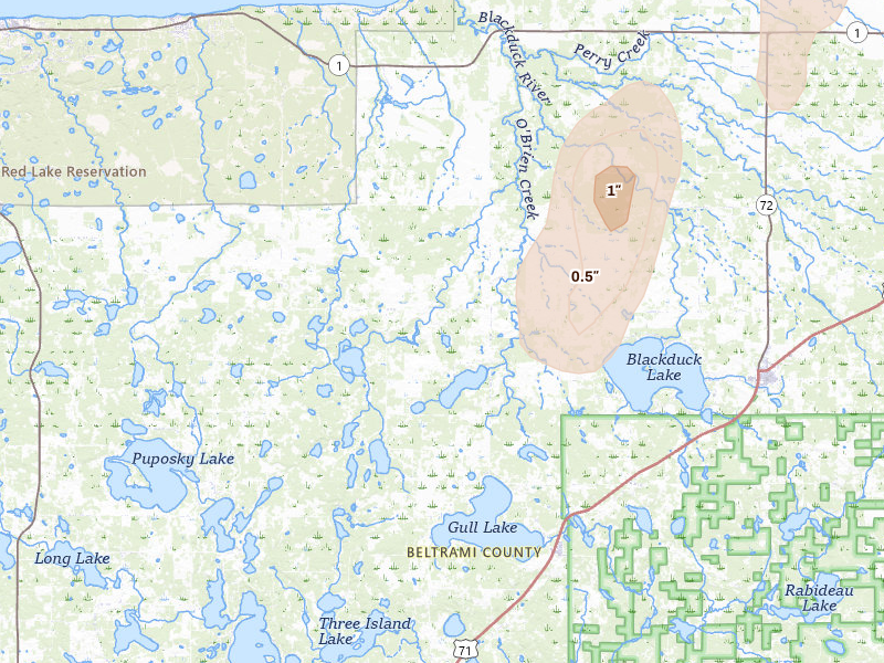 Radar-estimated hail-size map of the storm over Tenstrike, MN on Jun 10, 2026