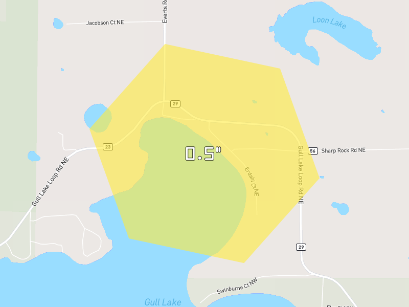 Hail map of Tenstrike, MN on Jun 29, 2026, hail up to 0.5"