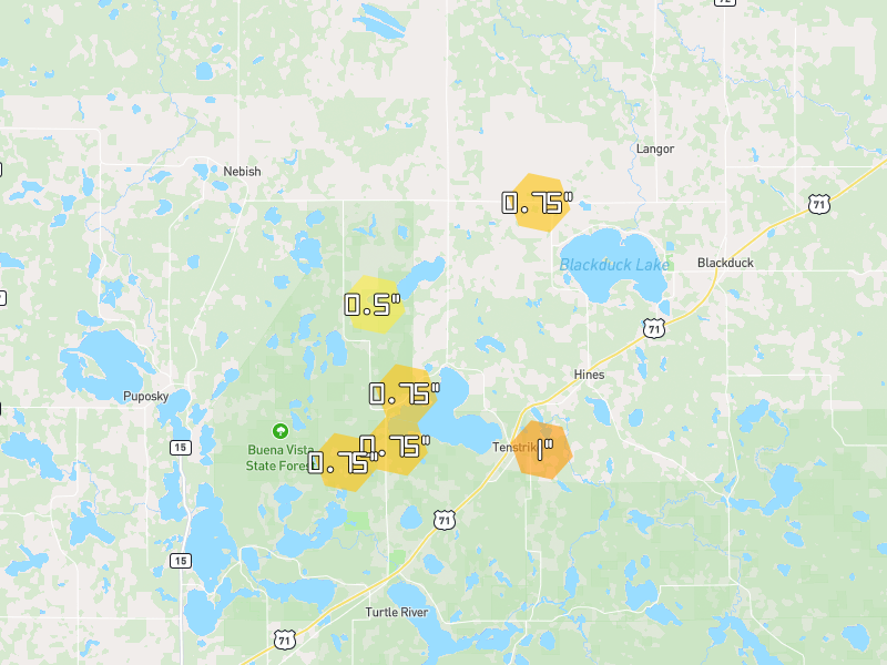 Hail map of Tenstrike, MN on Jun 30, 2026, hail up to 1"