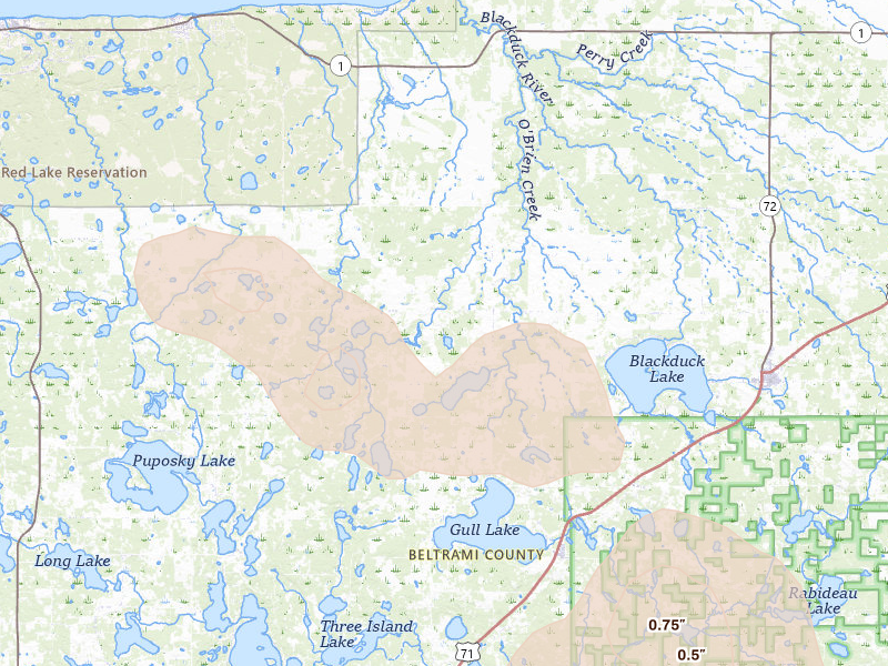 Radar-estimated hail-size map of the storm over Tenstrike, MN on Jul 6, 2026