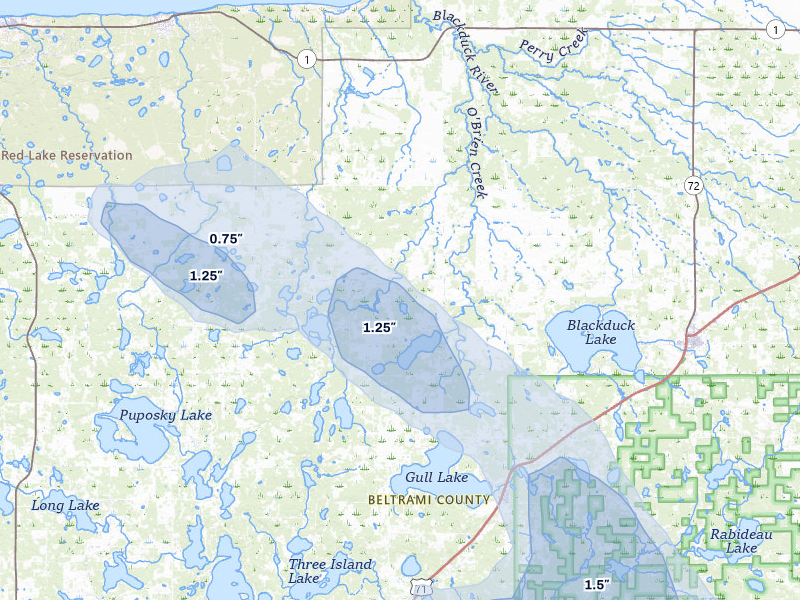 NEXRAD radar-signature map of the hail storm over Tenstrike, MN on Jul 6, 2026
