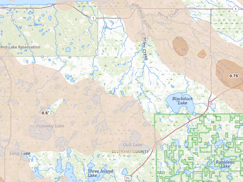 Radar-estimated hail-size map of the storm over Tenstrike, MN on Jul 24, 2026