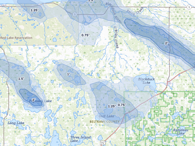 NEXRAD radar-signature map of the hail storm over Tenstrike, MN on Jul 24, 2026