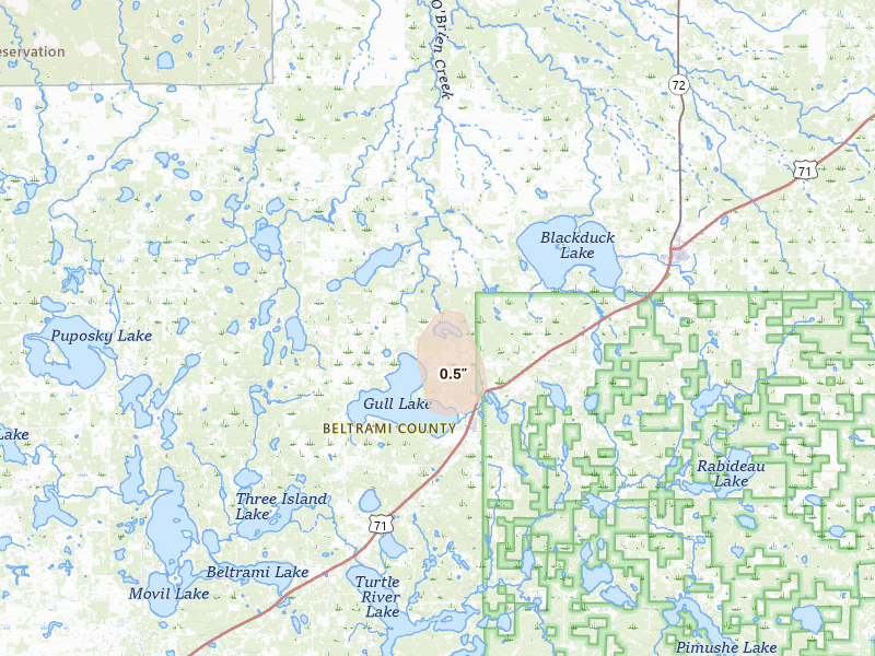 Radar-estimated hail-size map of the storm over Tenstrike, MN on Aug 21, 2026