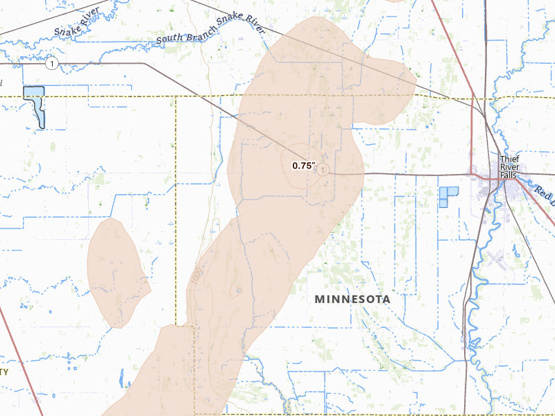 Radar-estimated hail-size map of the storm over Thief River Falls, MN on Jun 29, 2026