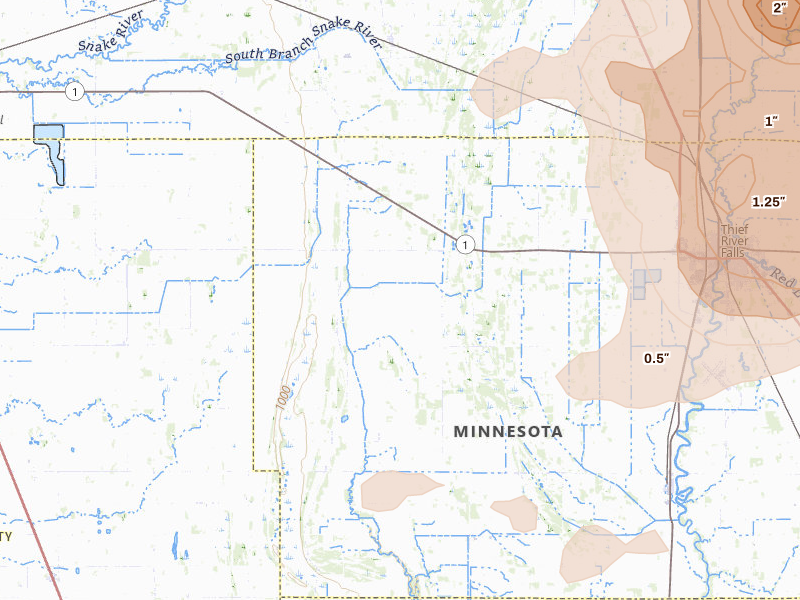 Radar-estimated hail-size map of the storm over Thief River Falls, MN on Jul 6, 2026