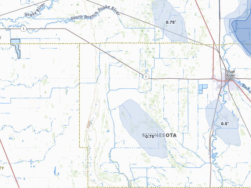 NEXRAD radar-signature map of the hail storm over Thief River Falls, MN on Jul 6, 2026