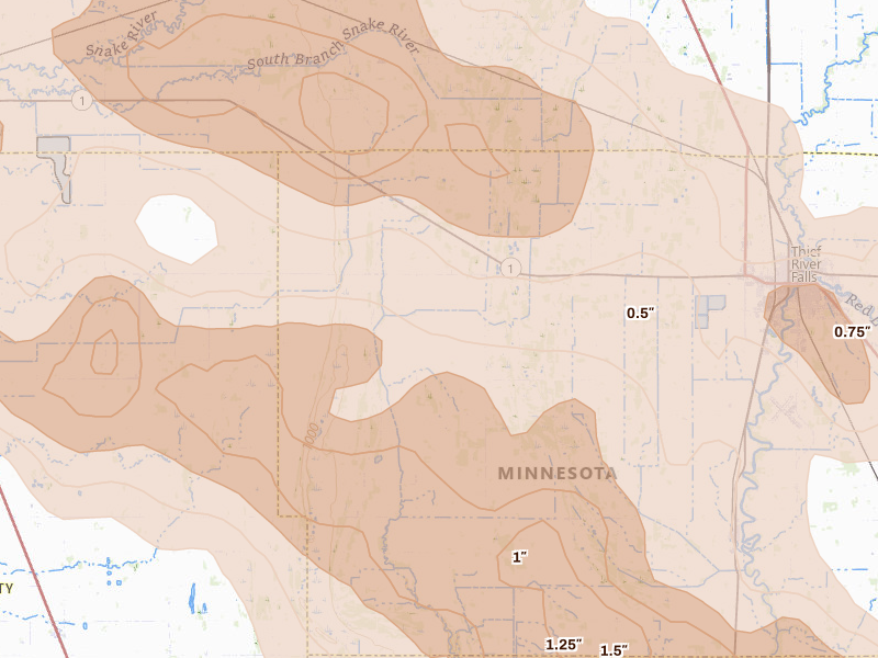 Radar-estimated hail-size map of the storm over Thief River Falls, MN on Jul 24, 2026