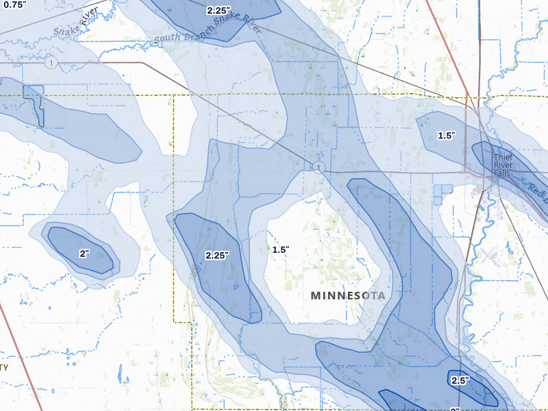 NEXRAD radar-signature map of the hail storm over Thief River Falls, MN on Jul 24, 2026
