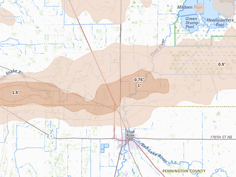 Radar-estimated hail-size map of the storm over Thief River Falls, MN