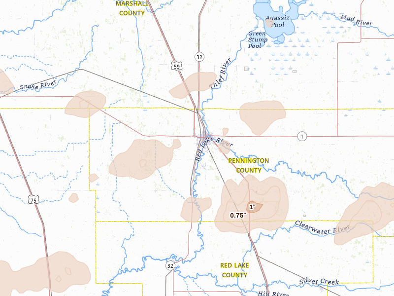 Radar-estimated hail-size map of the storm over Thief River Falls, MN on Sep 3, 2026