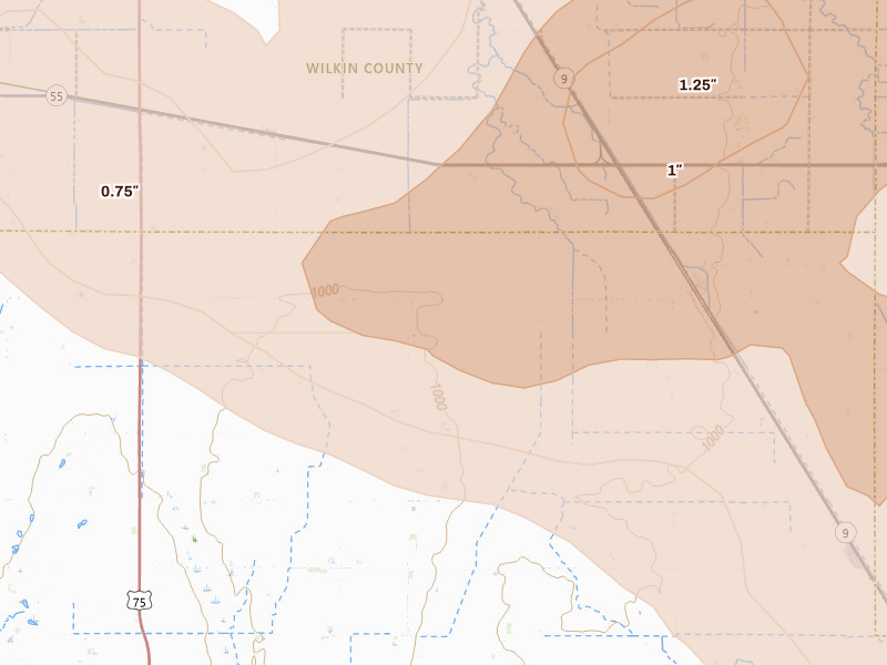Radar-estimated hail-size map of the storm over Tintah, MN on Jul 6, 2026