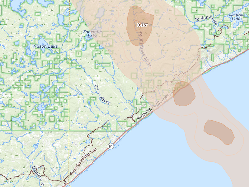 Radar-estimated hail-size map of the storm over Tofte, MN on Jul 26, 2026
