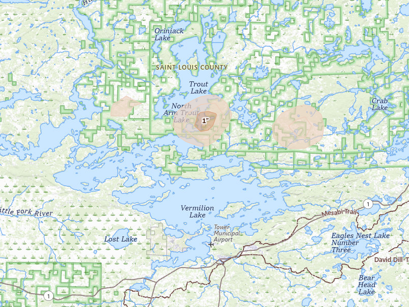 Radar-estimated hail-size map of the storm over Tower, MN on Jul 19, 2026