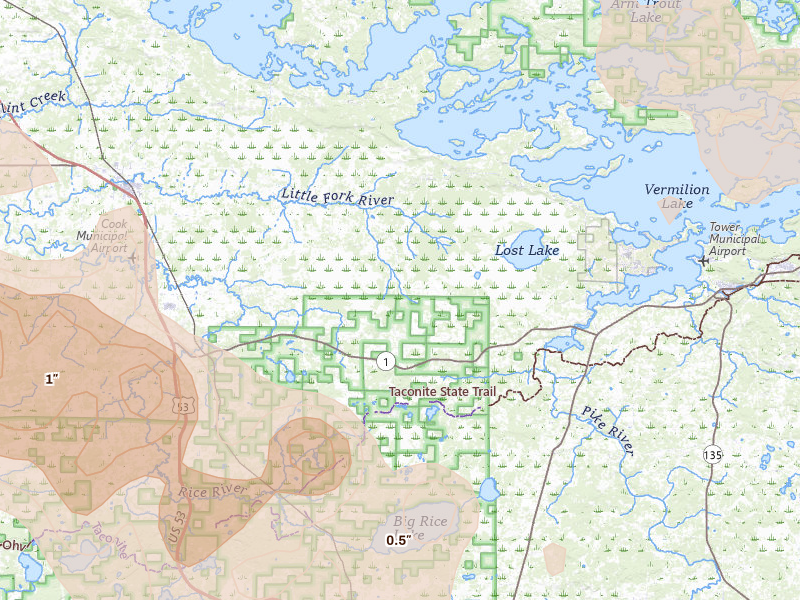 Radar-estimated hail-size map of the storm over Tower, MN on Jul 26, 2026