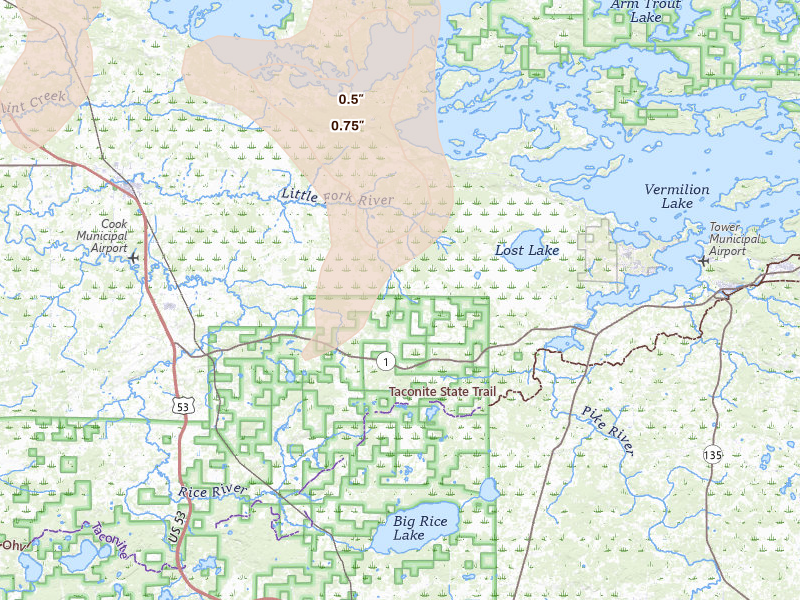 Radar-estimated hail-size map of the storm over Tower, MN on Jul 29, 2026