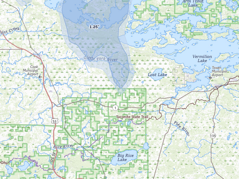 NEXRAD radar-signature map of the hail storm over Tower, MN on Jul 29, 2026